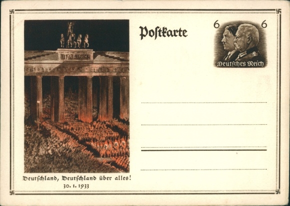 Ganzsachen Ak Berlin, Deutschland über alles, Aufmarsch 30.01.1933, Brandenburger Tor