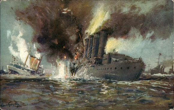 Artist Postcard Bohrdt, Hans, Sinking of the steamer Queen Louise and English cruiser Amphione