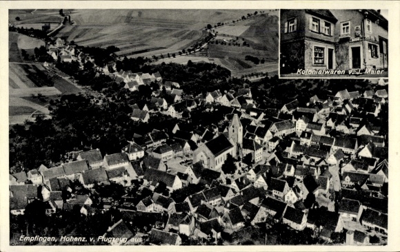 Ansichtkaart Ontvangst in het Zwarte Woud, vliegtuigfoto, koloniale goederen J. Maier