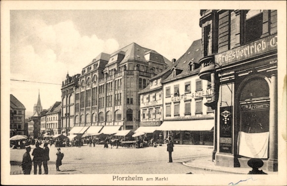 Postcard Pforzheim in the Black Forest, city view, market, old buildings, street view, shops