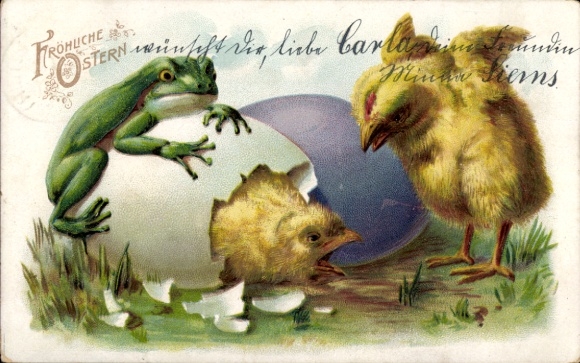 Chromo-Litho Happy Easter, hatching chick, frog