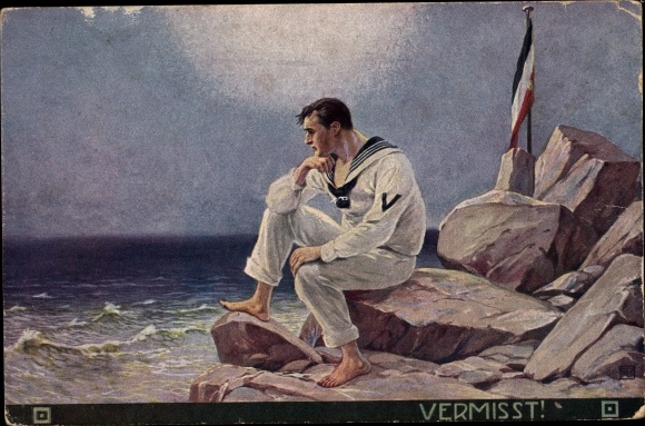 Artist Postcard Vermisst, shipwrecked German sailor on a rock by the sea