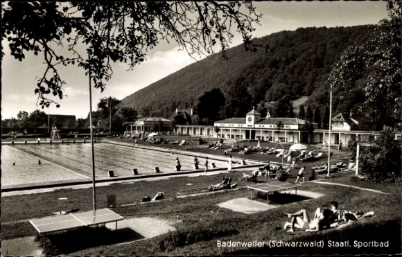 Postcard Badenweiler in the district of Breisgau Hochschwarzwald, game at the state sports pool, table tennis tables