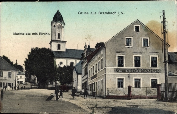 Postcard Bad Brambach in the Vogtland, market place, church, pastry shop and cafe