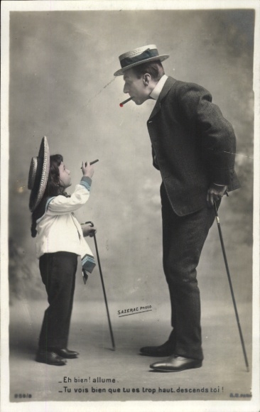 Postcard Portrait, child with cigar, man in suit with cigar and hat