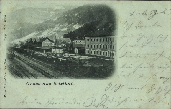 Moonlight Postcard Selzthal Styria, view of the train station, freight cars, Hotel zur Krone