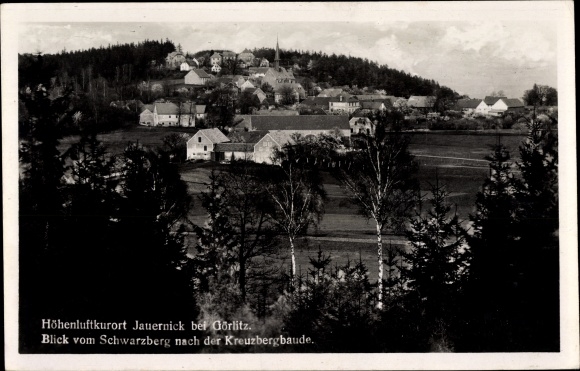 Postcard Jauernick Buschbach Markersdorf Oberlausitz, view from Schwarzberg to Kreuzbergbaude