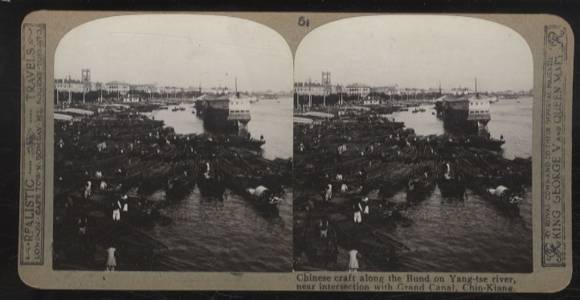 Stereo photo Chin-Kiang, China, Chinese craftsmen and traders with boats on the Yang-tse River