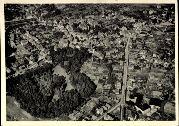 Postcard Schötmar Bad Salzuflen in Lippe, aerial view of the town, small houses, forest area, road