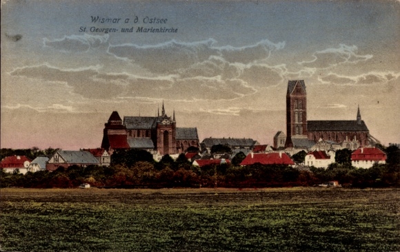 Postcard Hanseatic City of Wismar, St. George's and St. Mary's Church, Baltic Sea, building
