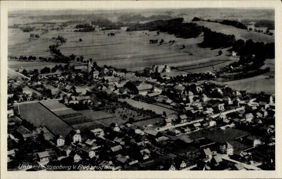 Postcard Peissenberg Peißenberg in Upper Bavaria, aerial photograph, houses, fields, forest, landscape, Black Forest