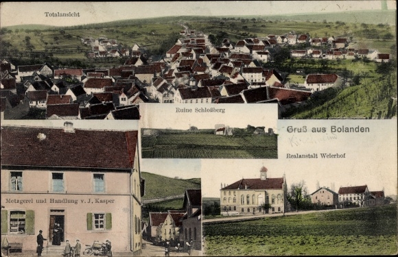 Ak Bolanden Rheinland Pfalz, Realanstalt Weilerhof, Ruine Schlossberg, Metzgerei und Handlung