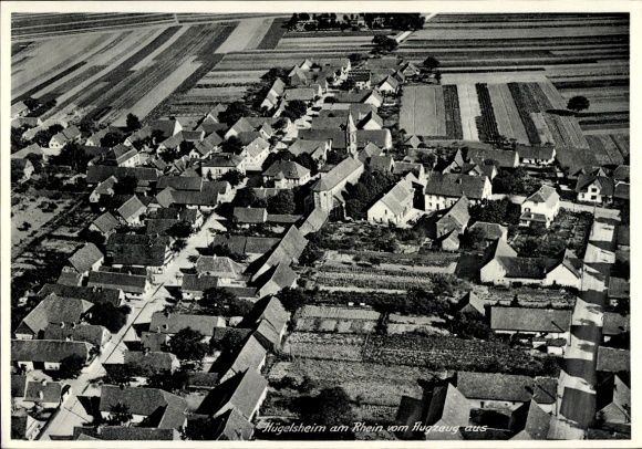 Postcard Hügelsheim am Rhein, aerial photograph