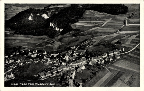 Postcard Hossingen Meßstetten in the Zollernalb district, aerial view of rural surroundings, houses, fields,