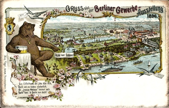 Coat of arms Chromo-Litho Berlin, Trade Exhibition 1896, Bear, City View