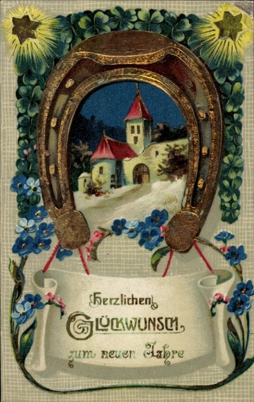 Greeting card Happy New Year, horseshoe, lucky clover, church, flowers