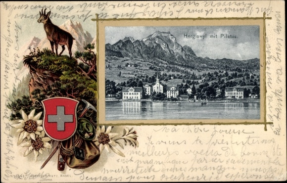 Wytłoczony herb lito Hergiswil Kt Nidwalden, widok na miasto, Pilatus, szarotka, kozica