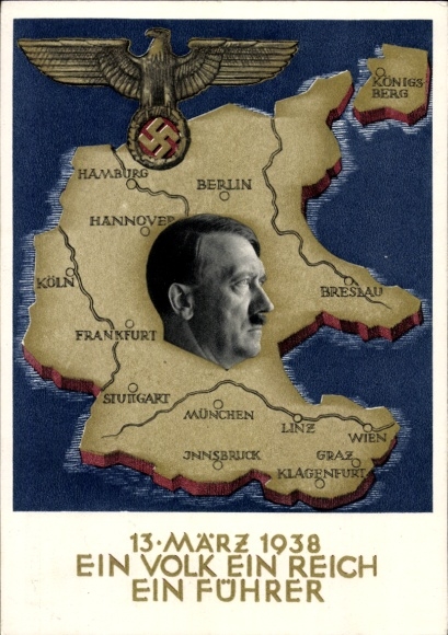 Postal stationery Postcard Klein, One people, one empire, one leader, Anschluss of Austria 1938, Greater Germany