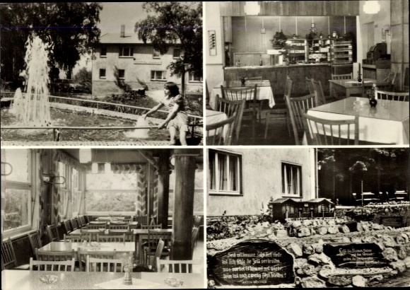 Postcard Lößnitz in the Ore Mountains, mountain restaurant Neu-Friedrichsruh, child at the fountain