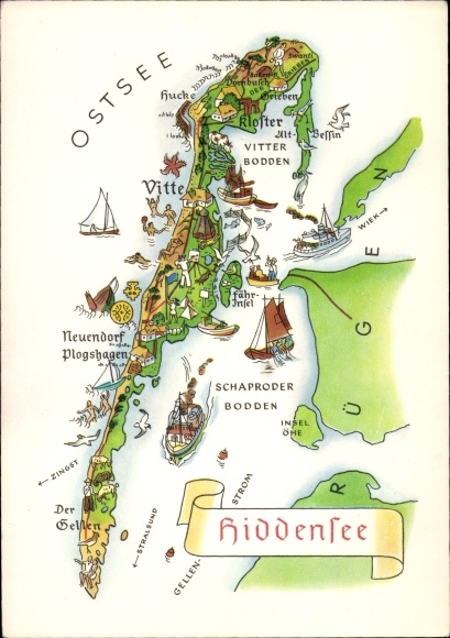 Landkarten Ak Insel Hiddensee Ostsee, Vitte, Neuendorf, Plogshagen, Neuendorf, Bodden, Kloster