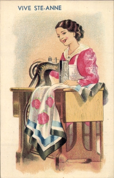 Artist Postcard Long live Saint Anne, seamstress at sewing machine