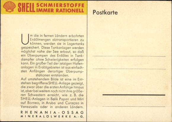 Kunstenaarskaart Merker, W., overslagpunt ruwe olie Shell, Rhenania Ossag, reclame