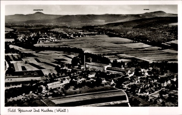 Postcard Kuchen an der Fils Württemberg, aerial view of Kuchen, fields, buildings, industrial plant, whale