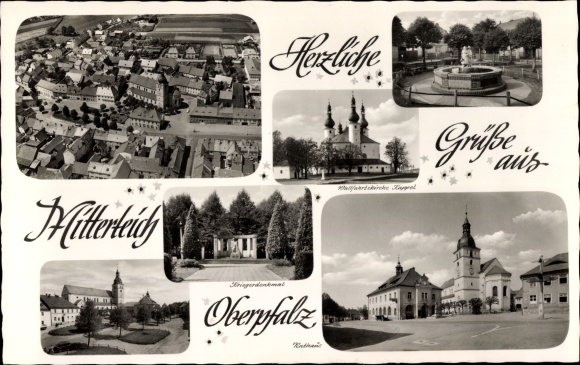KP Mitterteich Oberpfalz, pomnik wojenny, kościół pielgrzymkowy Kappel, ratusz, widok z lotu ptaka