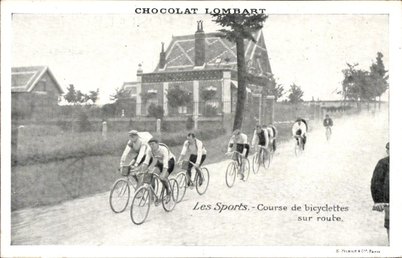 CPA Sport, Course de bicyclettes sur route, Reklame, Chocolat Lombart