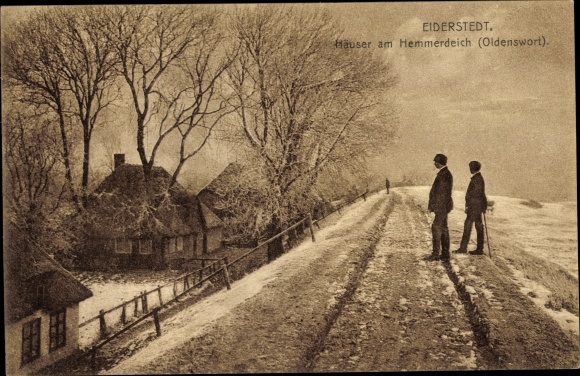 Ak Oldenswort Eiderstedt schiereiland in Noord-Friesland, huizen op de Hemmerdeich, winter