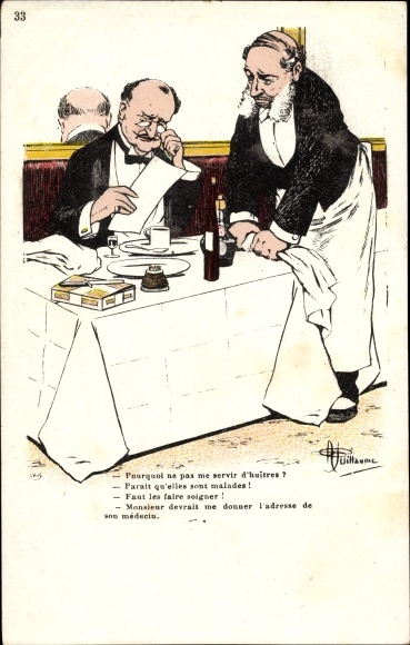 Artist PC Guillaume, Albert, man reading the menu in the restaurant, waiter