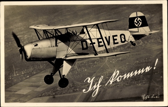 Postcard German Air Force, Bücker Bü 131 Jungmann, training aircraft, D-EVEO, I&#39;m coming