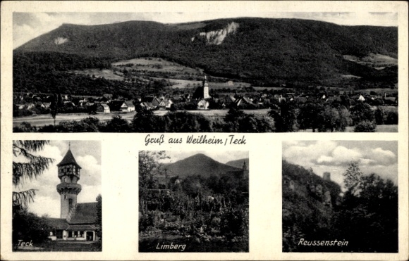 Postcard Weilheim an der Teck Swabian Alb, panoramic view, Teck, Limberg, Reussenstein, village part