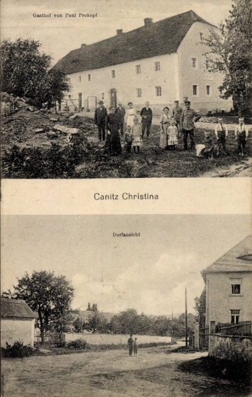 Ak Canitz Christina Kubschütz, Gasthof von Paul Prokopf, Dorfansicht