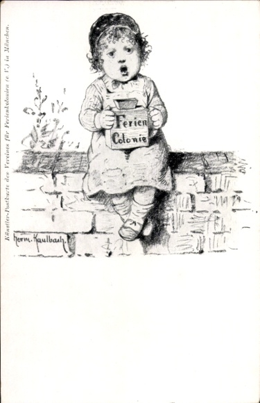 Artist Postcard Kaulbach, Hermann, Association for Holiday Colonies (e. V.) in Munich, child with collection box