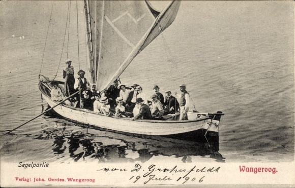 Postcard North Sea resort Wangerooge in East Frisia, sailing boat, passengers