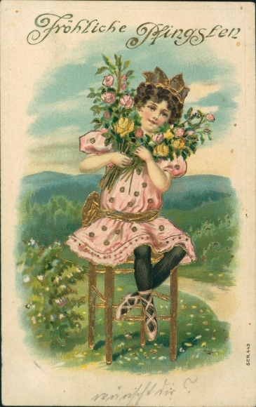 Embossed glitter PC congratulations Pentecost, girl with bouquet
