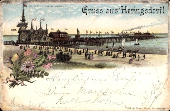 Precursor Chromo-Litho Baltic Sea resort of Heringsdorf on Usedom, Kaiser Wilhelm Bridge, beach party, 1895