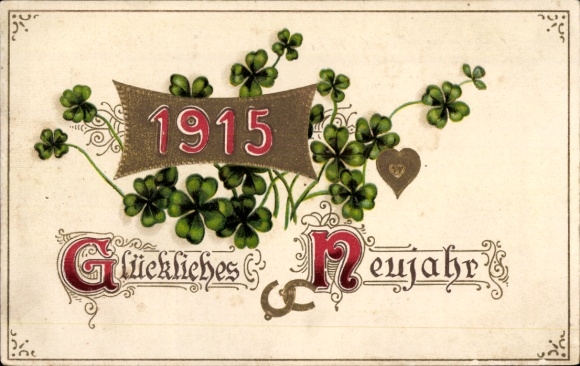 Embossed Chromo-Litho Happy New Year, 1914, clover, horseshoe