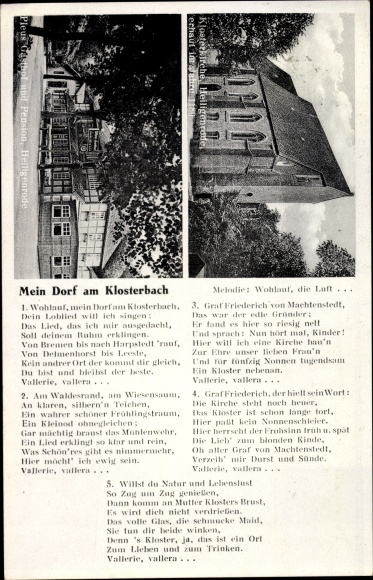 Song Postcard Heiligenrode Stuhr in Lower Saxony, Pleus Pension, monastery church, my village on the monastery stream