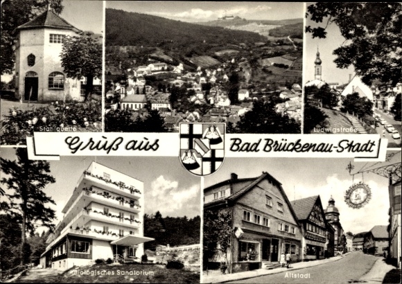 Postcard Bad Brückenau im Sinntal Lower Franconia, Stahlquelle, Ludwigstraße, Sanatorium, Old Town, Coat of Arms