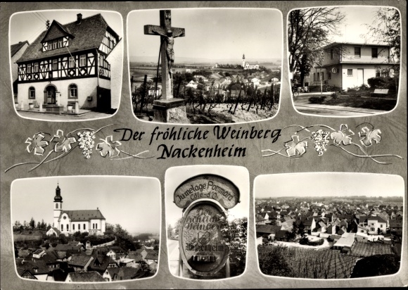 Postcard Halsheim am Rhein, cross, church, half-timbered house, panorama