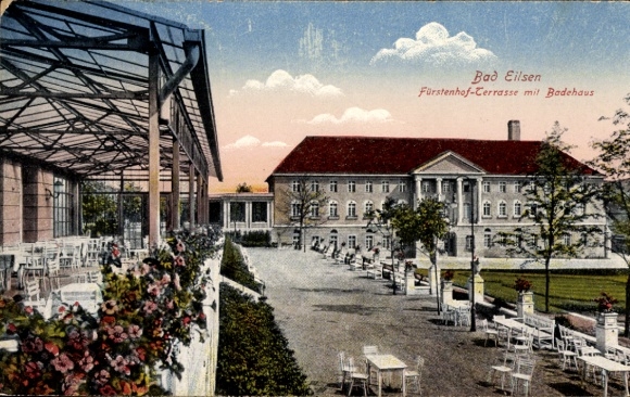 Postcard Bad Eilsen in Lower Saxony, Fürstenhof terrace with bathhouse