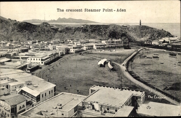 KP Aden Jemen, Crescent Steamer Point, budynki, łodzie, krajobraz nadmorski