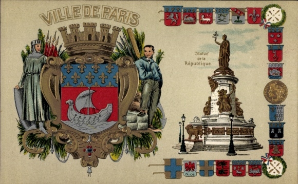 Geëmbosseerd wapenschild litho Parijs III., Stad van Parijs, Standbeeld van de Republiek