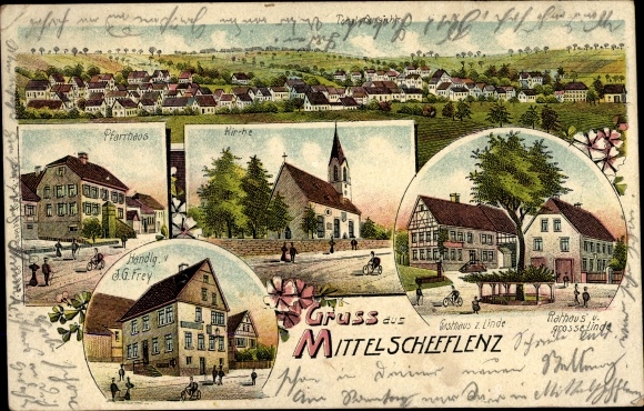 Chromo-Litho Mittelschefflenz Schefflenz in Baden, vicarage, church, inn on the lime tree, town hall, action