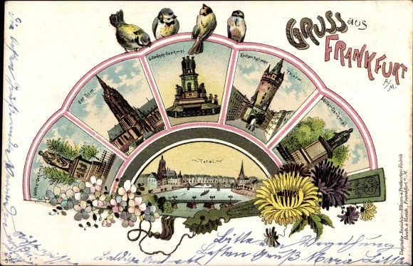Subject Chromo-Litho Frankfurt am Main, birds, Eschenheimer Turm, cathedral, Schiller monument
