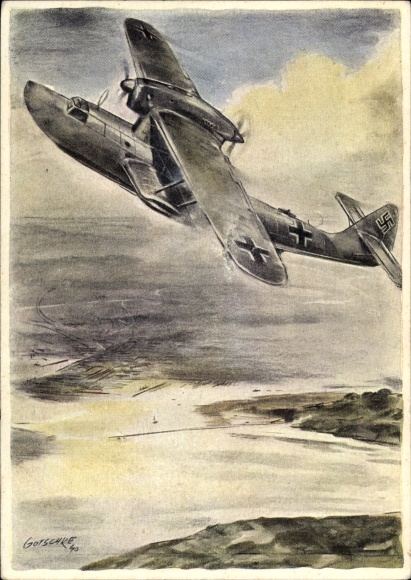 Künstler Ak Gutschke, Deutsche Luftwaffe, Seeaufklärer, Flugboot Dornier Do 18 beim Küstenflug
