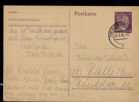 P 299 I "(19) Bernburg 10.3.45" with postal code (first day)