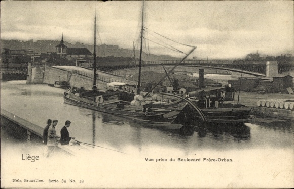 Postcard Liège Liège Wallonia, ship in the harbor, Boulevard Frère-Orban, two anglers, bridge in the background